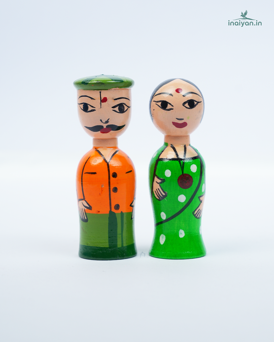 Handcrafted Wooden Indian Village Couple Dolls | Traditional Hand-Painted Peg Doll Set