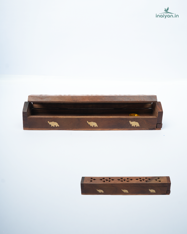 Carved Wooden Incense Box with Brass Elephants