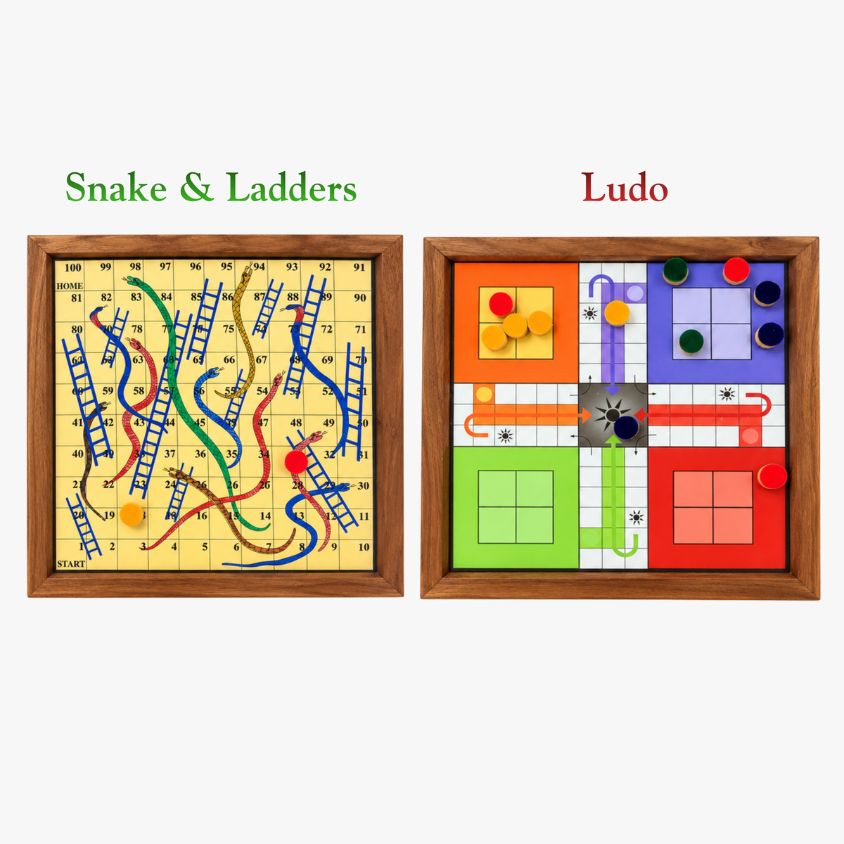2-in-1 Wooden Board Game – Snakes & Ladders + Ludo