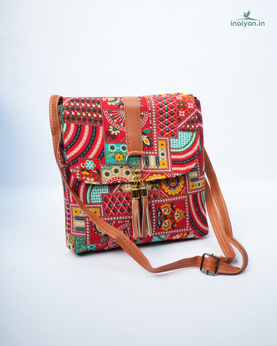 Vibrant Boho Patchwork Sling Bag with Tassel Charm