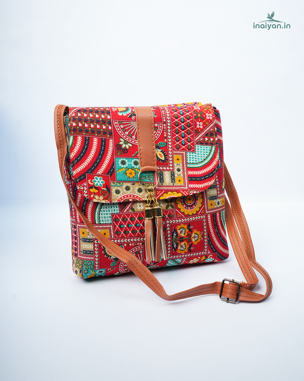 Vibrant Boho Patchwork Sling Bag with Tassel Charm