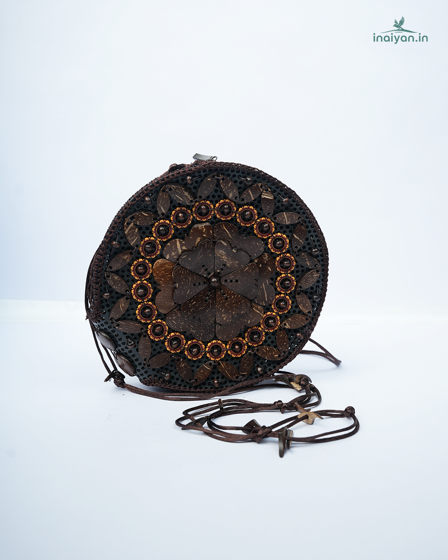Artisanal Round Coconut Shell Sling Bag with Floral Mandala