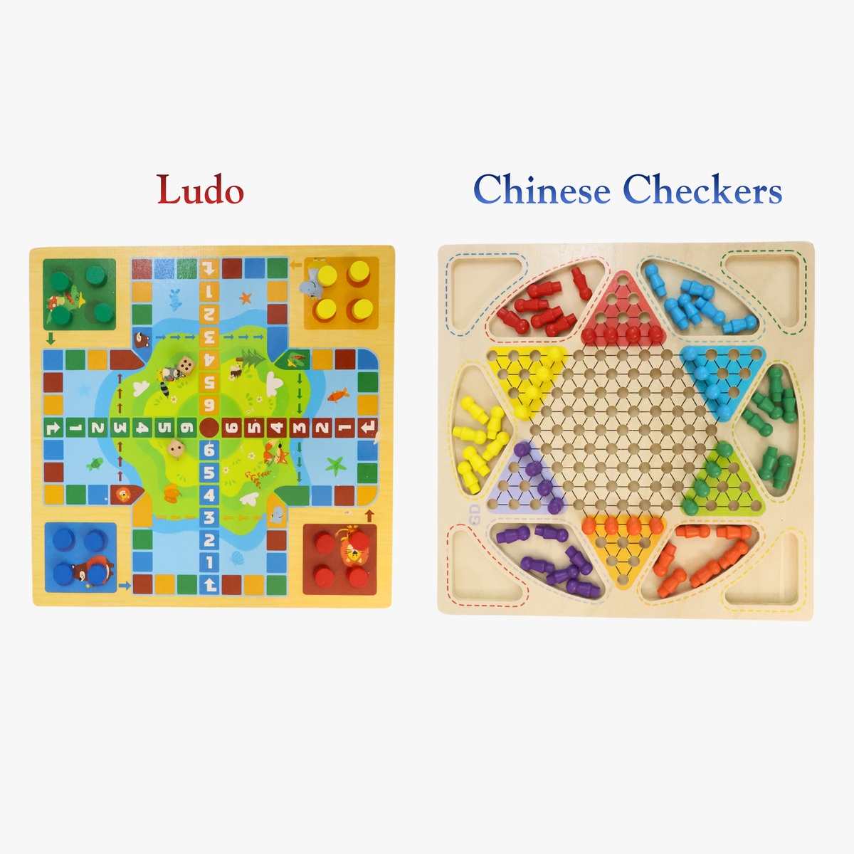 2-in-1 Wooden Board Game – Ludo & Chinese Checkers