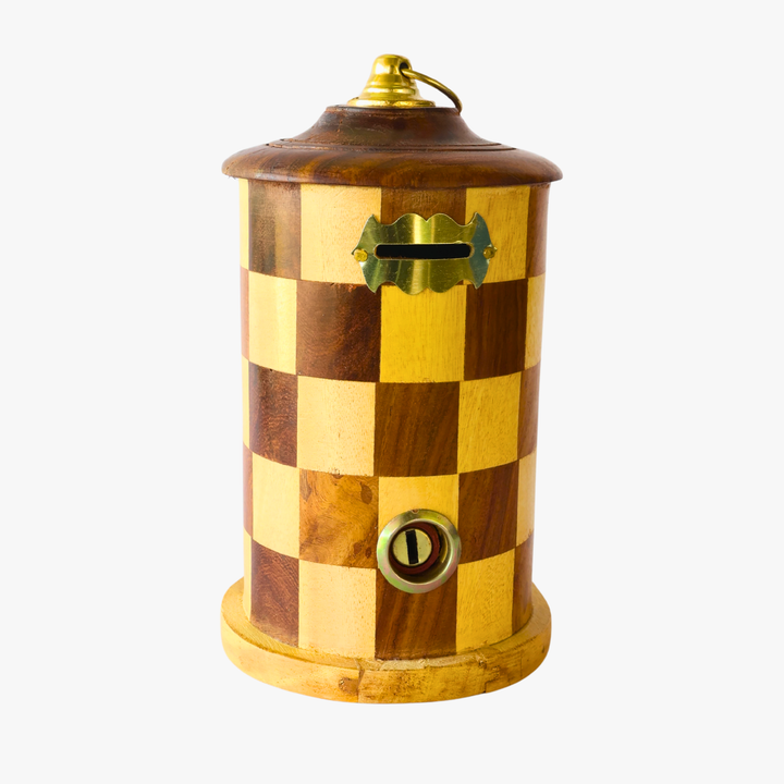 Wooden Money Bank – Traditional Checkered Design with Key