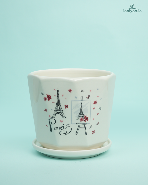 Eiffel Tower Paris Print Ceramic Pot with Tray - 7.5"