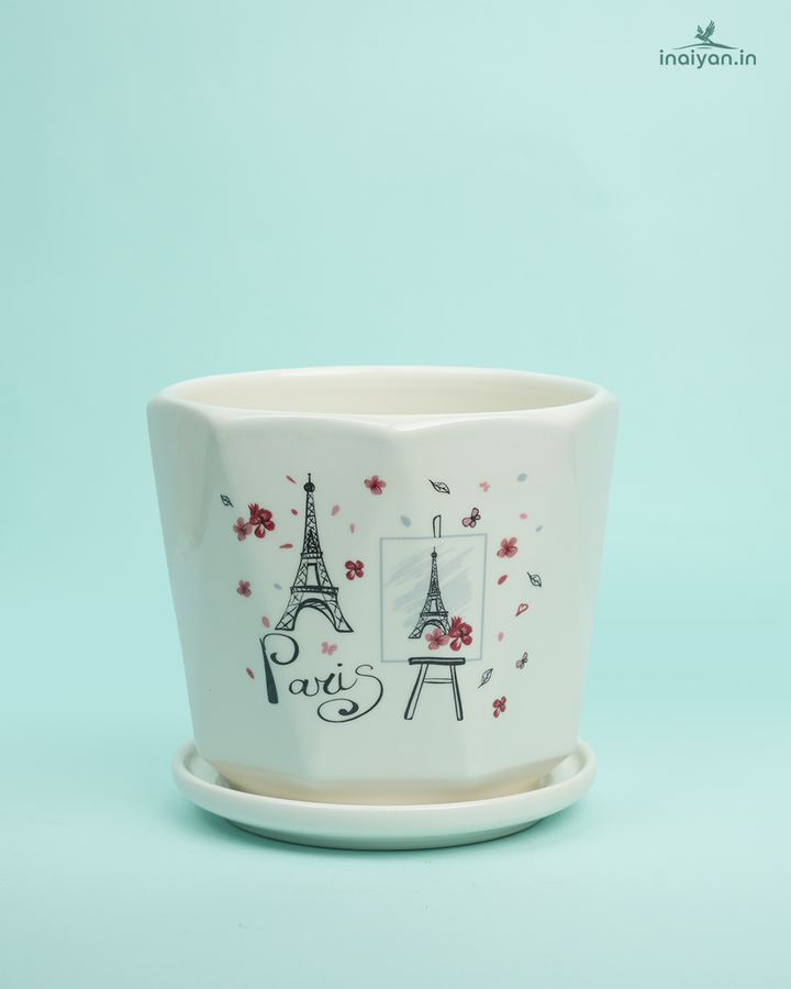 Eiffel Tower Paris Print Ceramic Pot with Tray - 7.5"