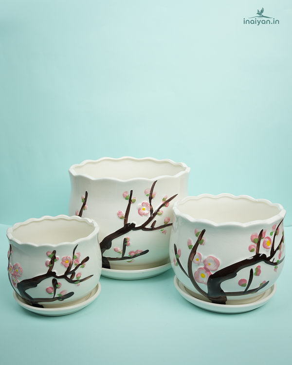 Cherry Blossom Print Black & White Ceramic Planter - 8.5"+6.5"+5.5"