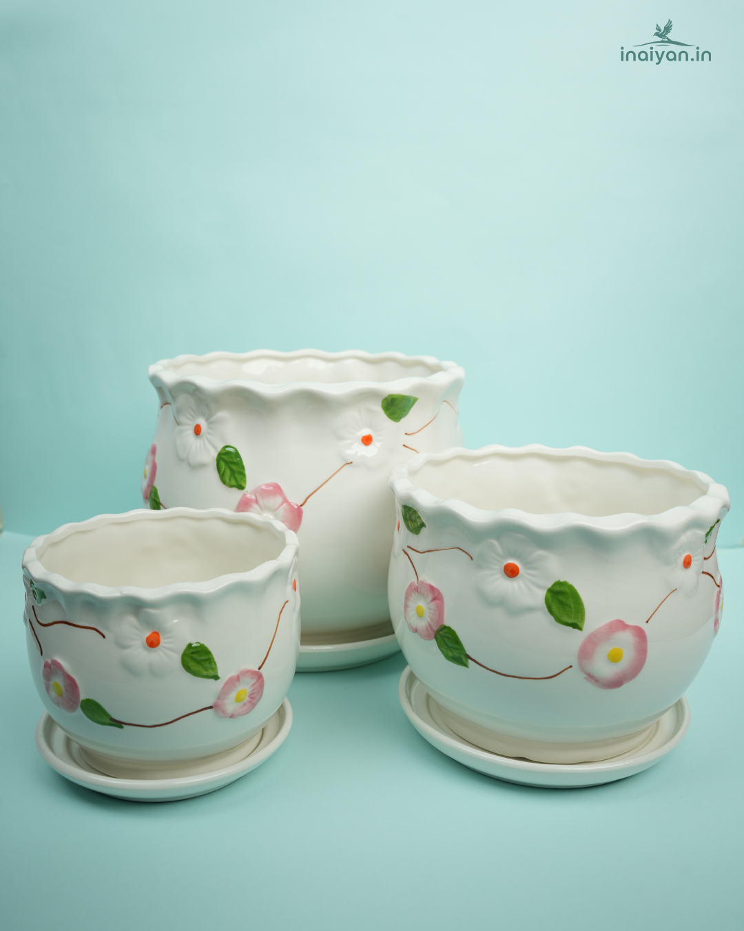 Botanical Floral Print Ceramic Planter Set - Garden Trio - 10"+8"+6"