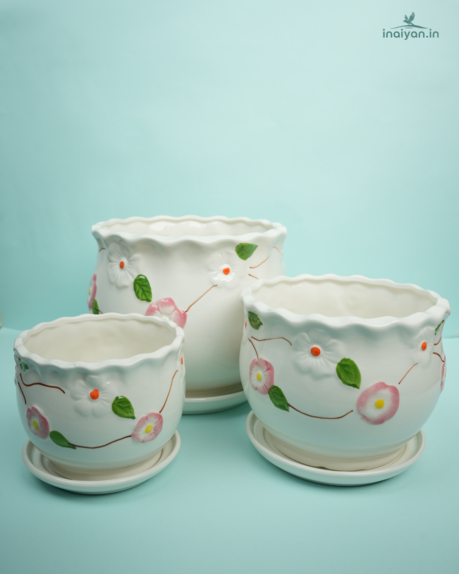 Botanical Floral Print Ceramic Planter Set - Garden Trio