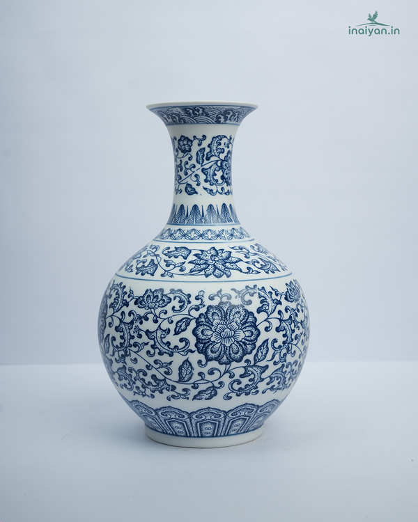 Blue & White Chinoiserie Designer Ceramic Vase - 10"