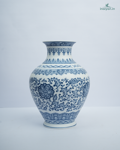 Dragon Motif Blue Floral Chinoiserie Tall Ceramic Vase
