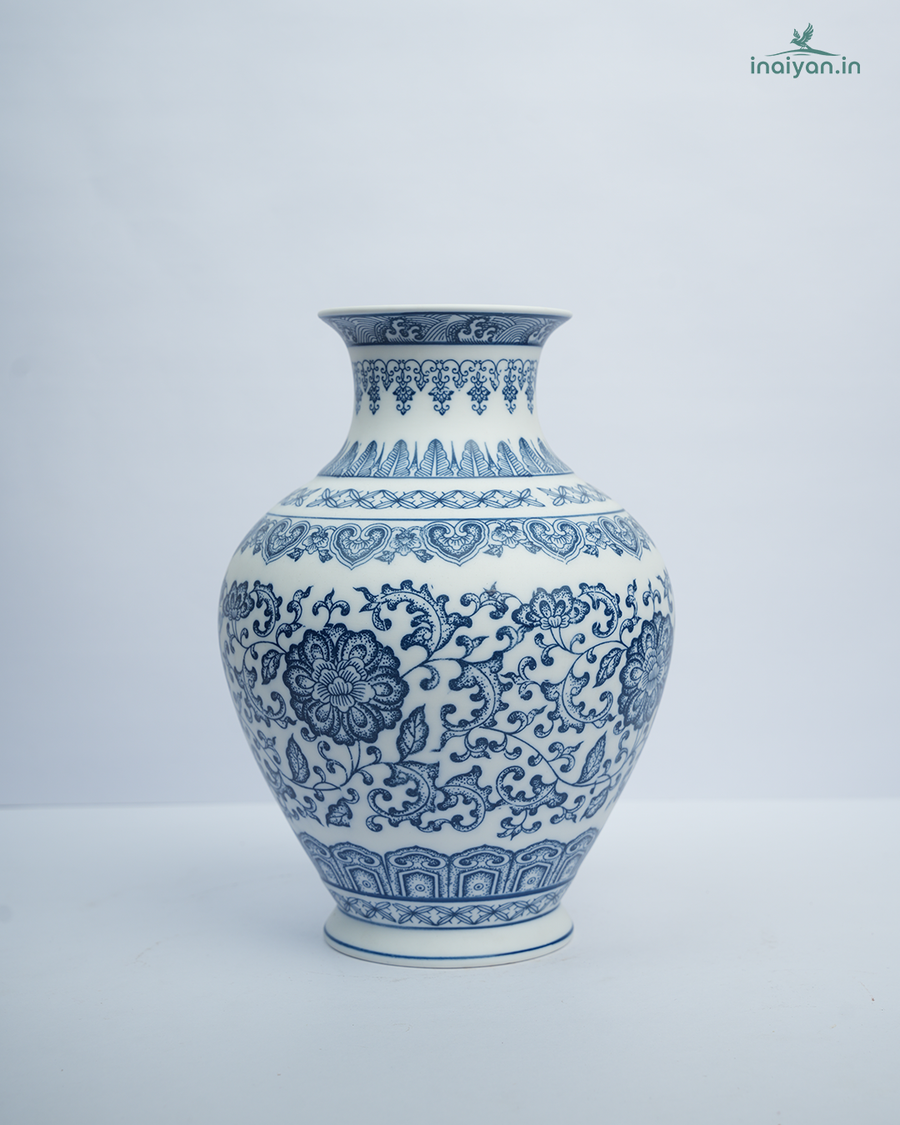 Dragon Motif Blue Floral Chinoiserie Tall Ceramic Vase