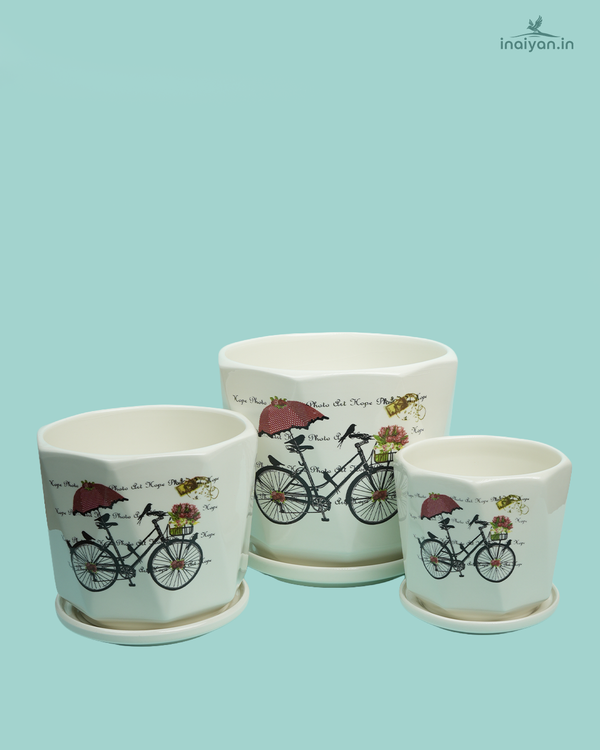Bicycle Print Ceramic Garden Pot Set - Trio Pack - 8.5"+6.5"+5.5"
