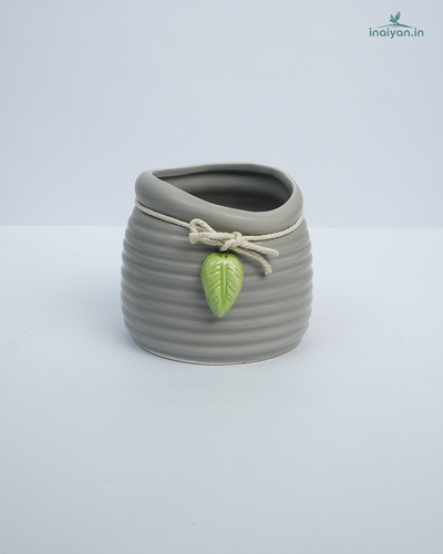 Textured Rope-Neck Grey Ceramic Mini Planter