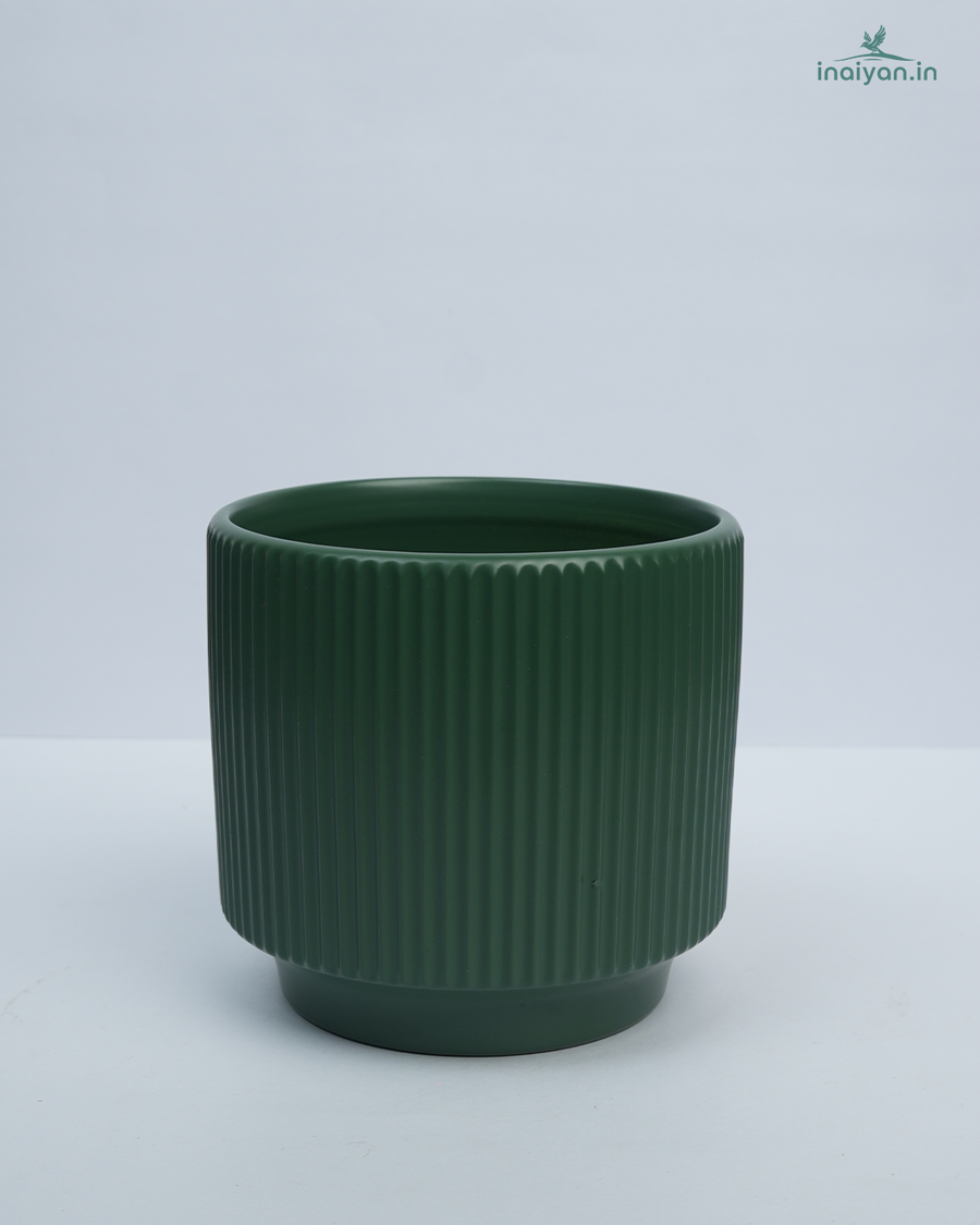 Forest Green Deep Ribbed Cylinder Ceramic Pot