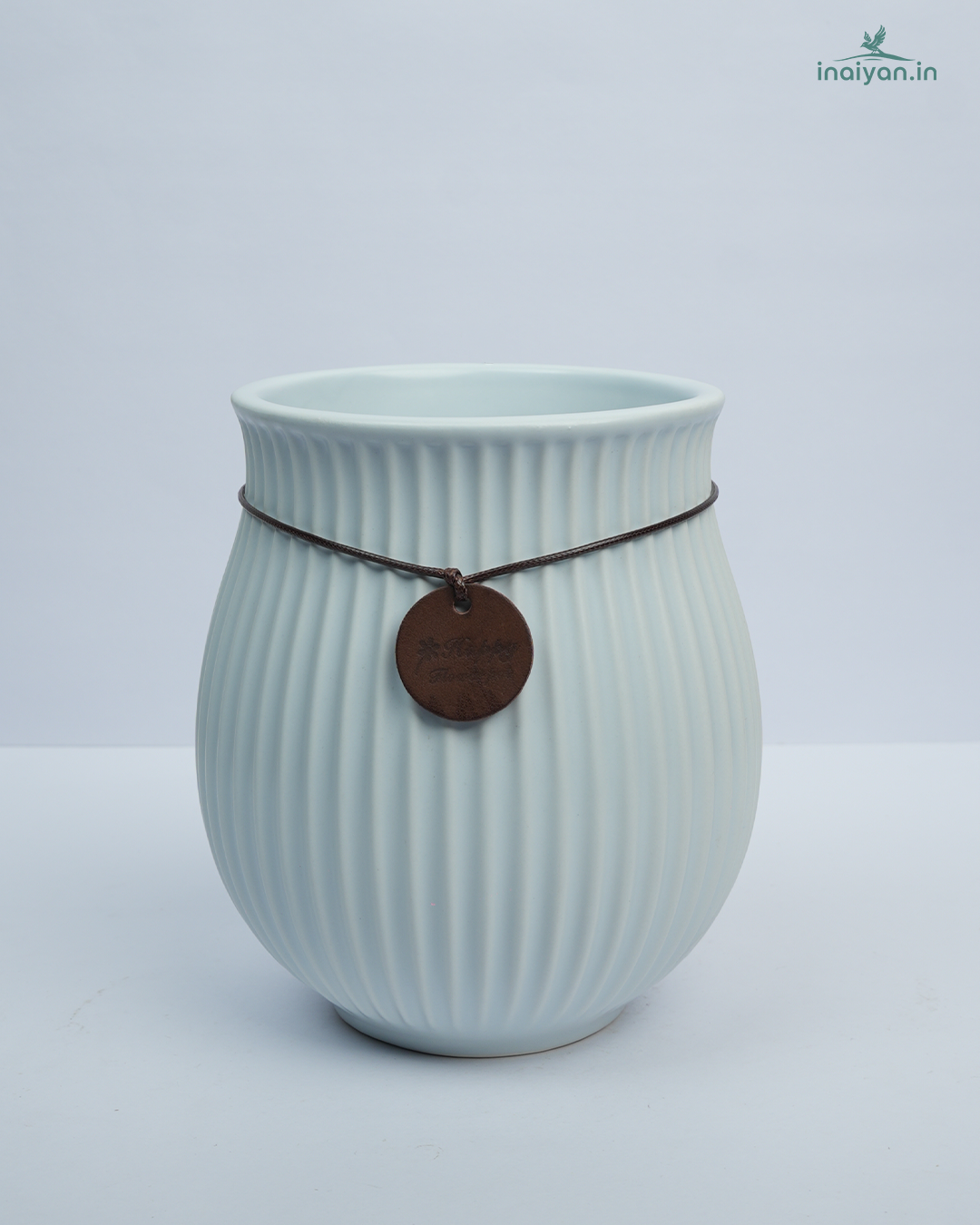 Aqua Blue Rope-Tied Ribbed Designer Ceramic Vase - 8"