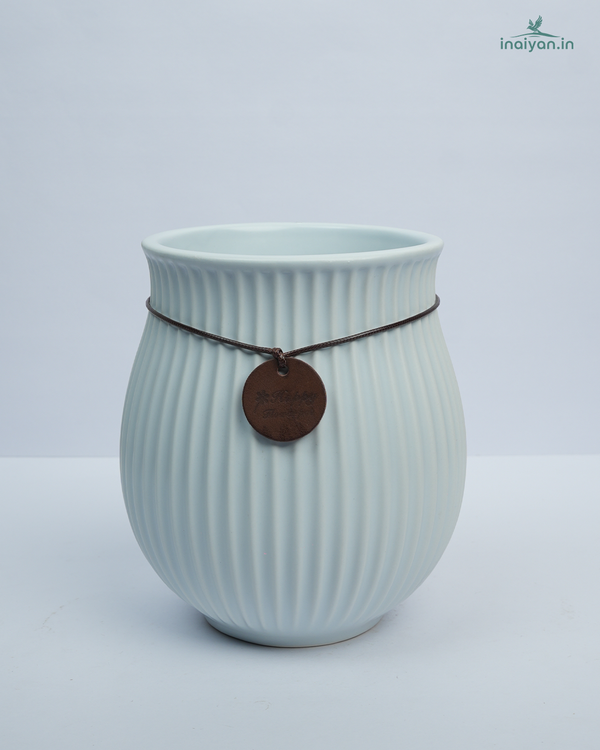 Aqua Blue Rope-Tied Ribbed Designer Ceramic Vase - 8"