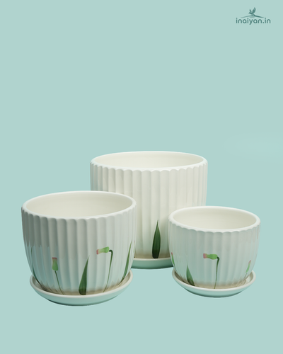 Vertical Stripe White Ceramic Planter Set - Nesting Trio