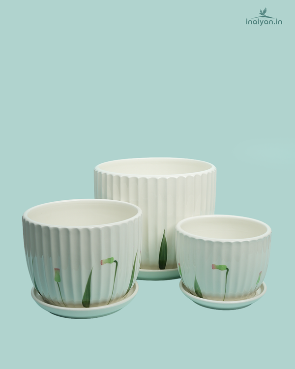 Vertical Stripe White Ceramic Planter Set - Nesting Trio - 8.5"+6.5"+5.5"