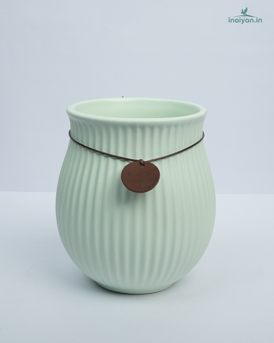 Mint Green Rope-Tied Ribbed Designer Ceramic Vase