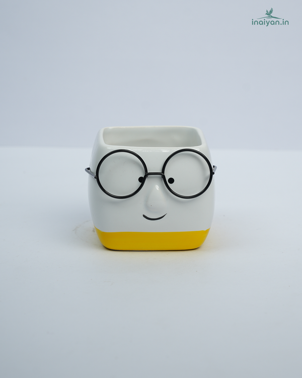 Spectacle-Face Square Kannadi Ceramic Pot - Yellow - 3"