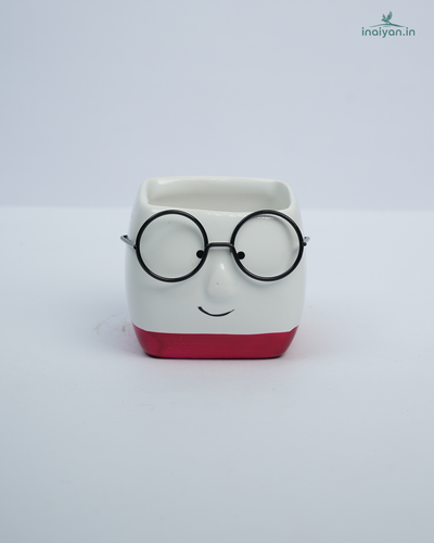 Spectacle-Face Square Kannadi Ceramic Pot - Red Lip