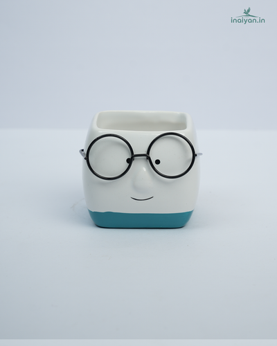 Spectacle-Face Square Kannadi Ceramic Pot - Blue Blush