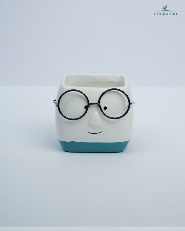 Spectacle-Face Square Kannadi Ceramic Pot - Blue Blush - 3"