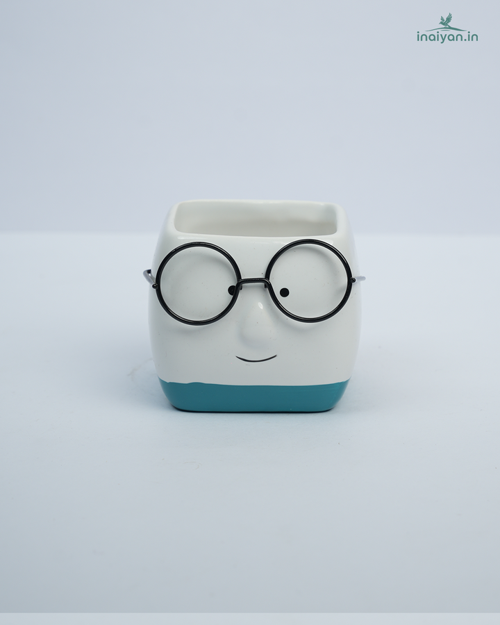 Spectacle-Face Square Kannadi Ceramic Pot - Blue Blush - 3"