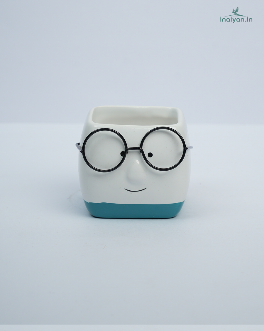 Spectacle-Face Square Kannadi Ceramic Pot - Blue Blush