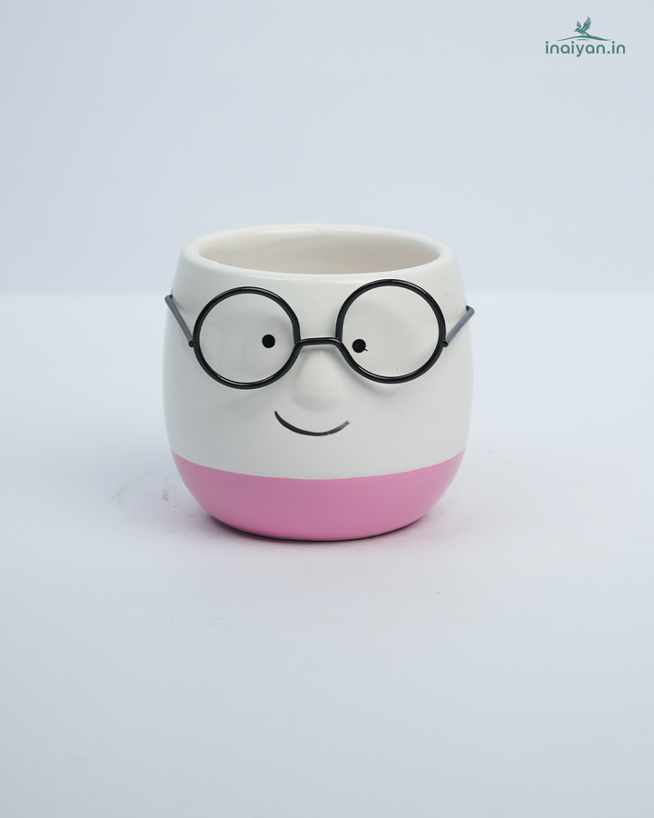 Spectacle-Face Round Kannadi Ceramic Pot - Pink Lip - 3"