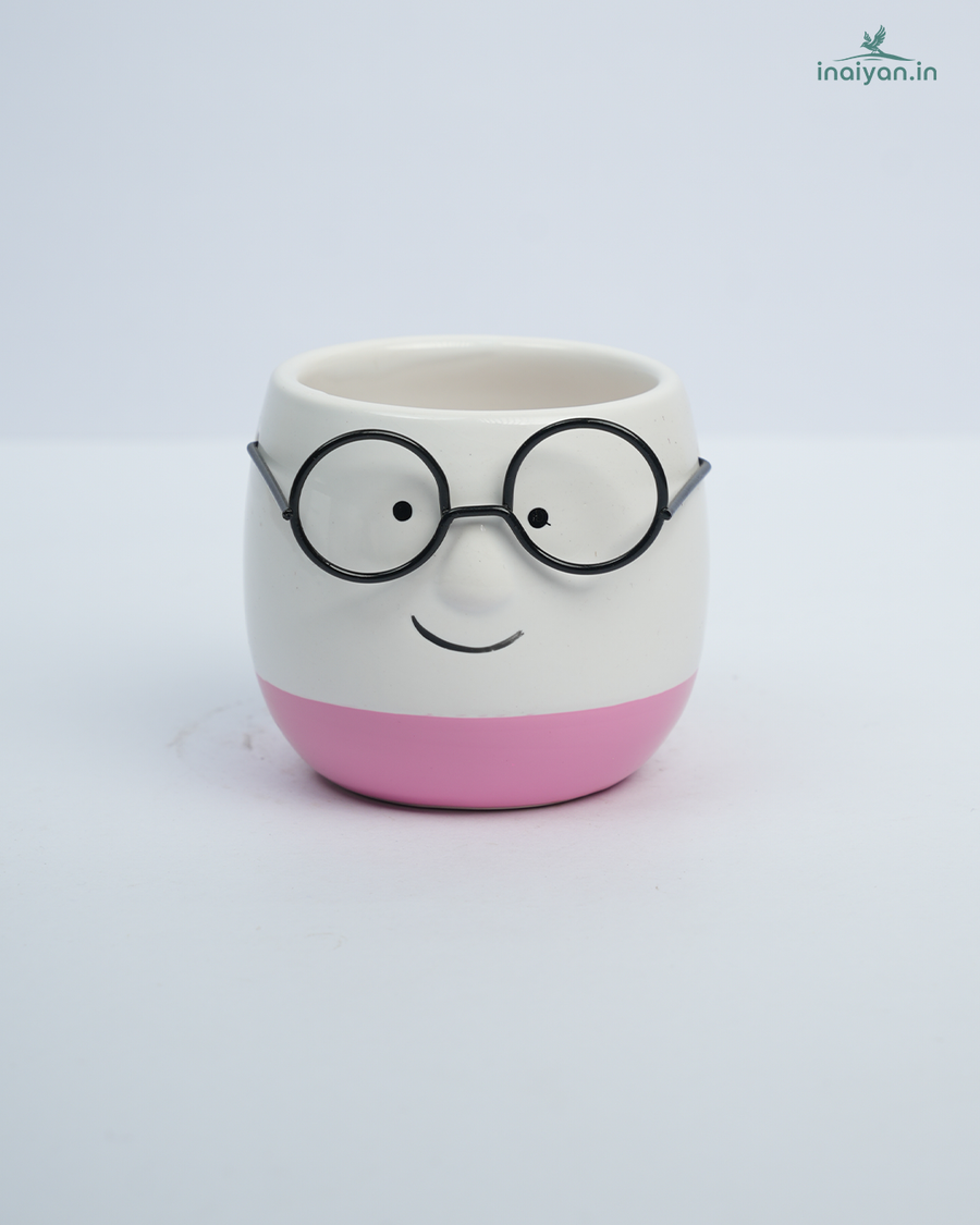 Spectacle-Face Round Kannadi Ceramic Pot - Pink Lip