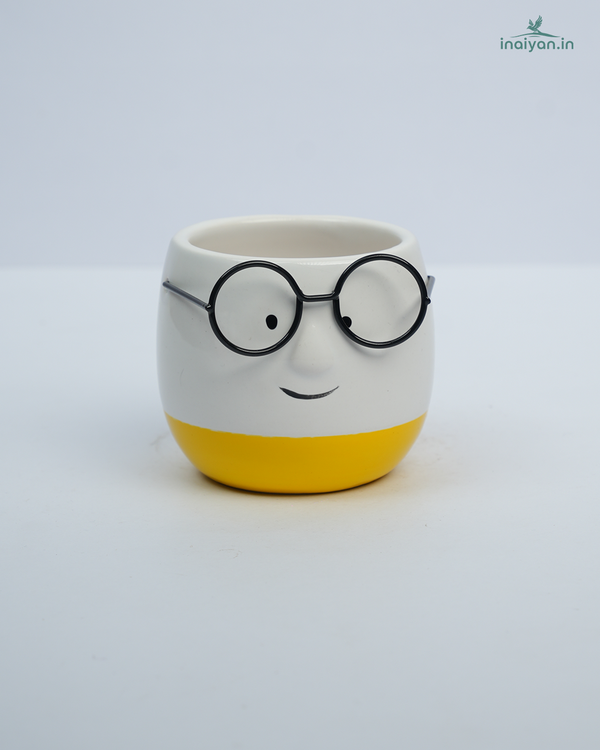 Spectacle-Face Round Kannadi Ceramic Pot - Yellow - 3"
