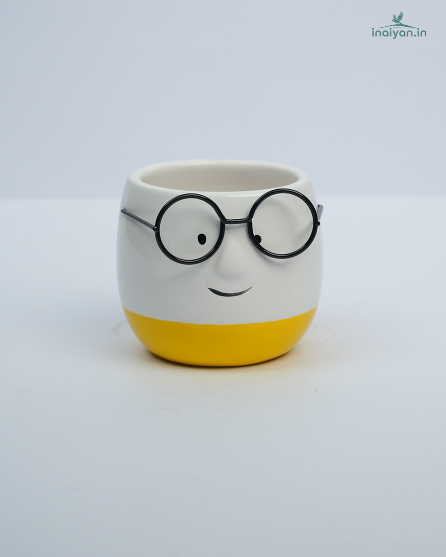 Spectacle-Face Round Kannadi Ceramic Pot - Yellow
