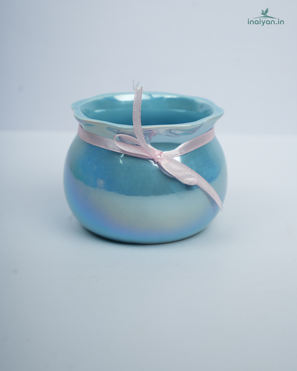 Sky Blue Wax-Rope Ceramic Candle Pot - 4"