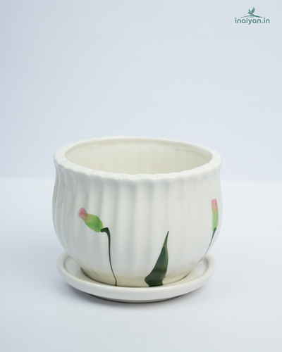 White Leaf-Etched Botanical Ceramic Pot
