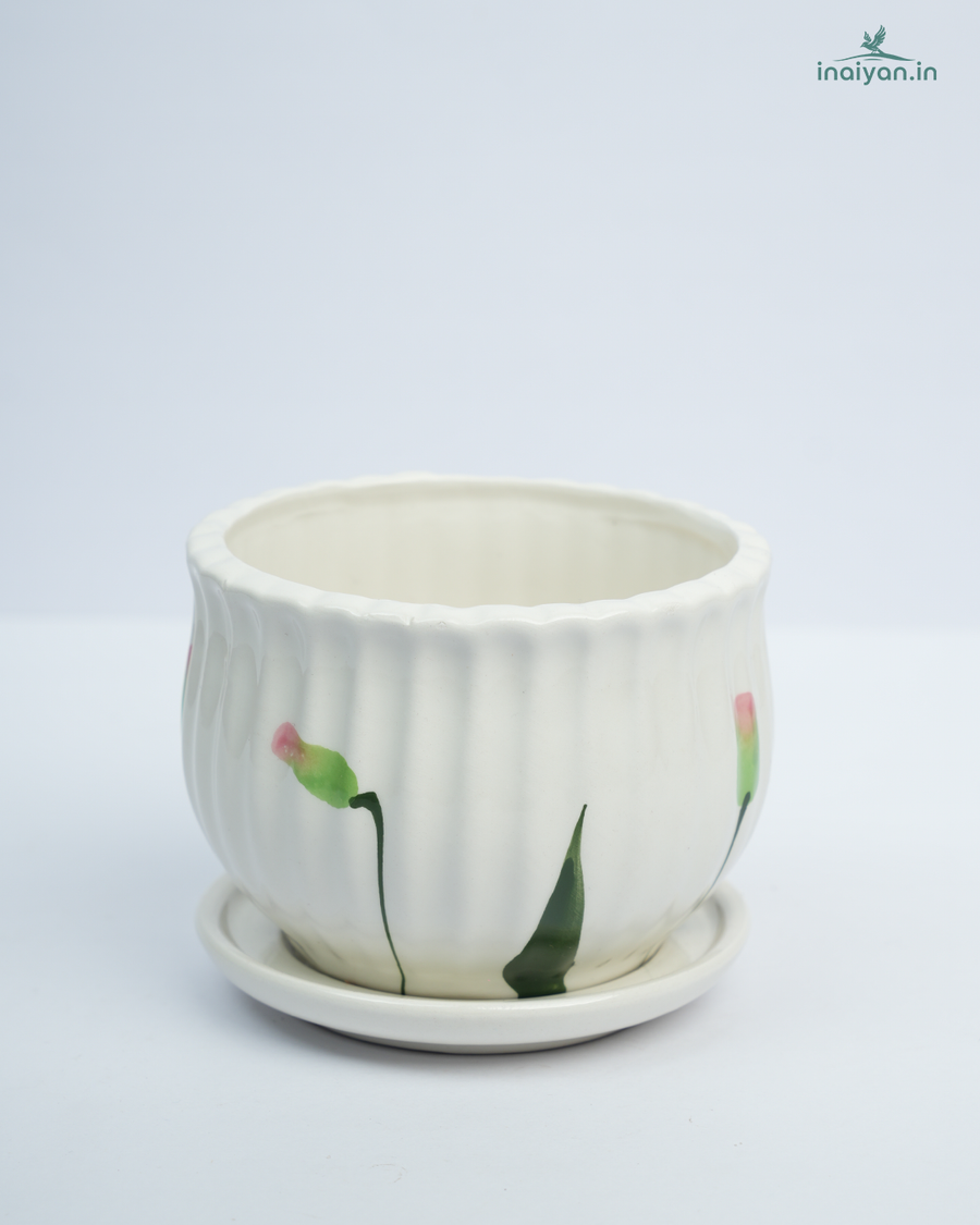 White Leaf-Etched Botanical Ceramic Pot