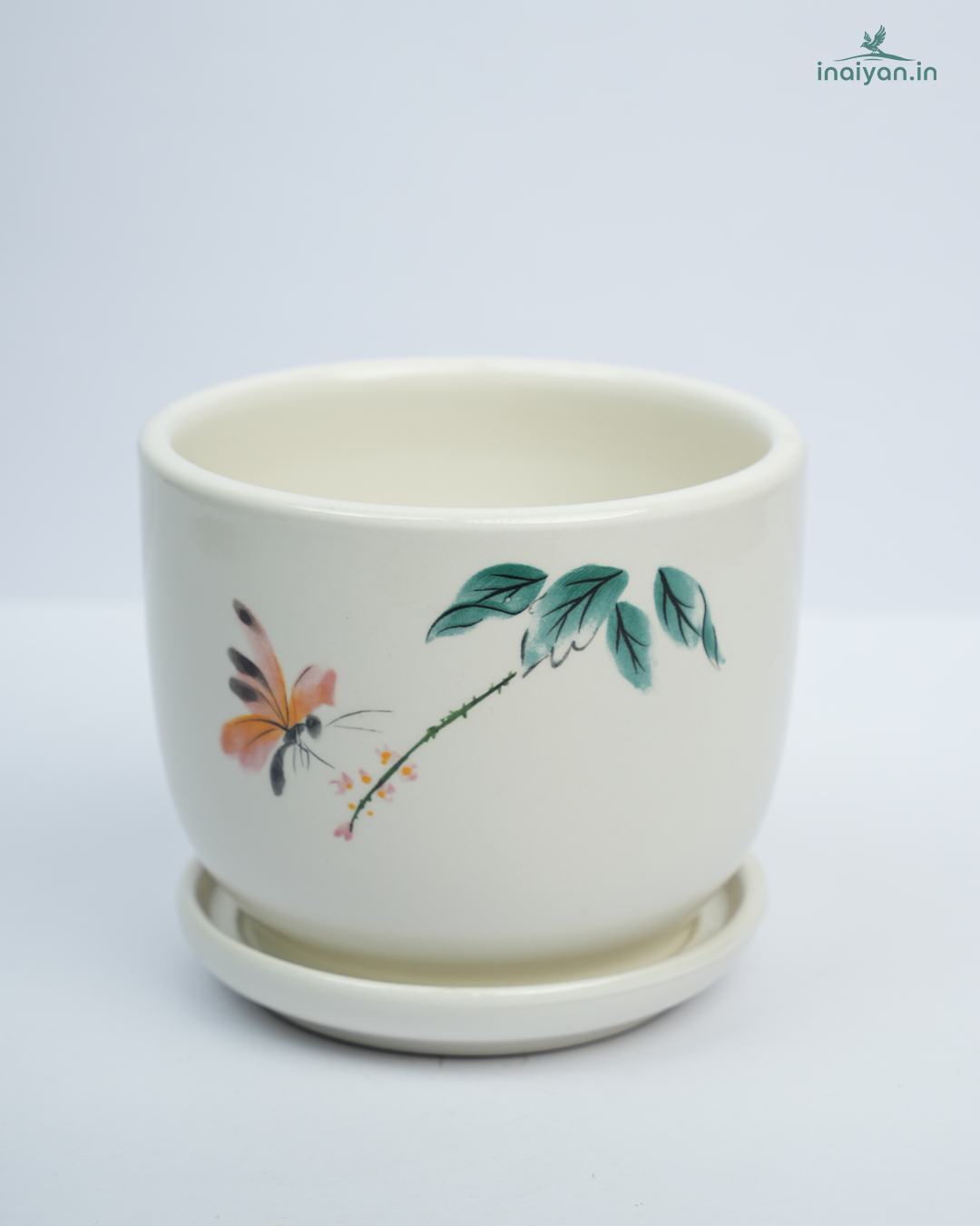 Floral Hand-Painted Ceramic Planter with Saucer - 4"