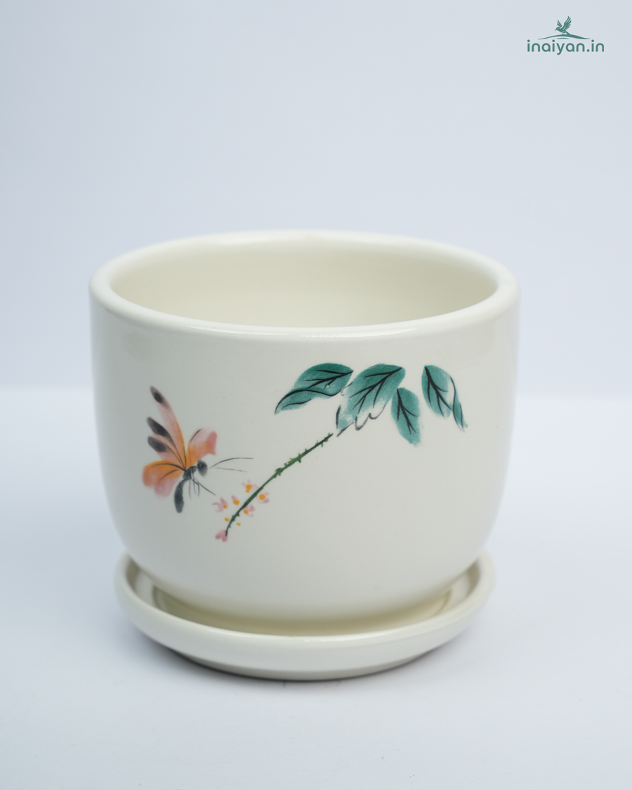 Floral Hand-Painted Ceramic Planter with Saucer