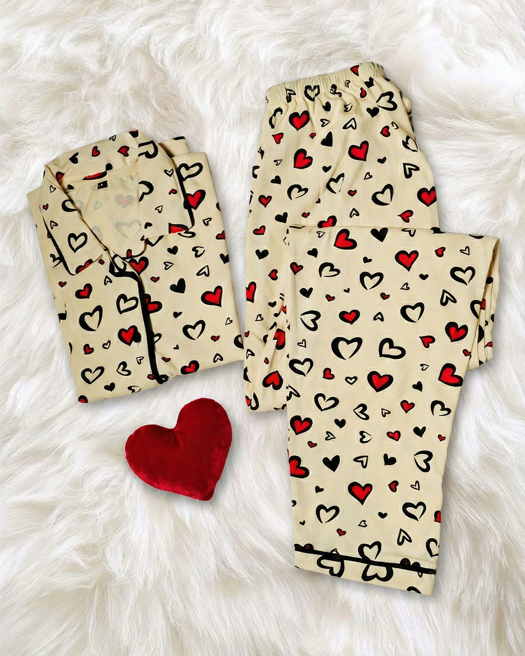 Off White and Heart Printed Women Sleep Lounge Night Sets Co ords