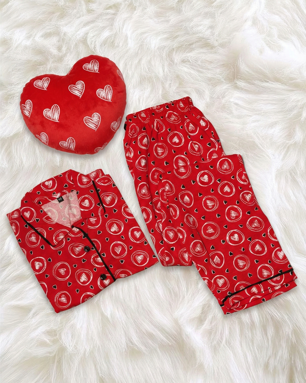 Red and White Heart Printed Women Sleep Lounge Night Sets Co ords