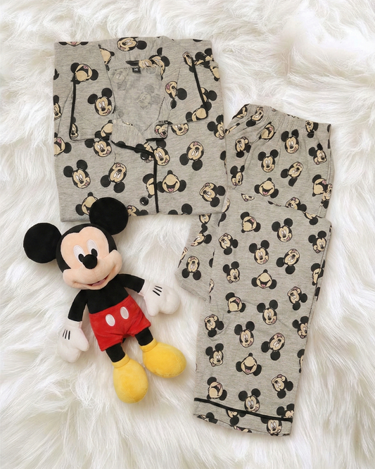 Grey and Micky Mouse Printed Women Sleep Lounge Night Sets Co ords