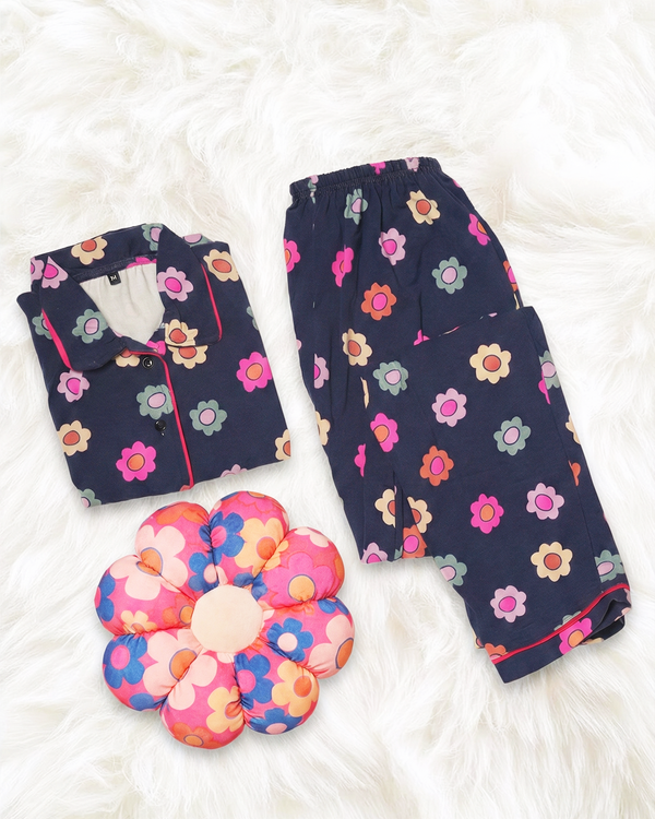 Navy Blue and Flower Printed Women Sleep Lounge Night Sets Co ords