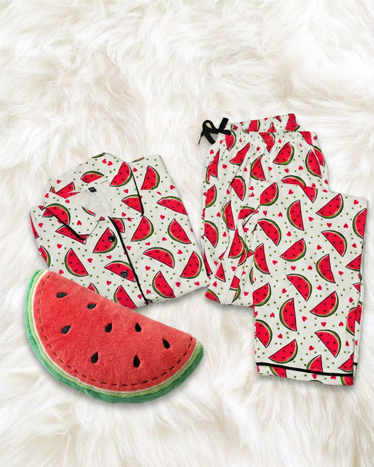 White and Watermelon Printed Women Sleep Lounge Night Sets Co ords
