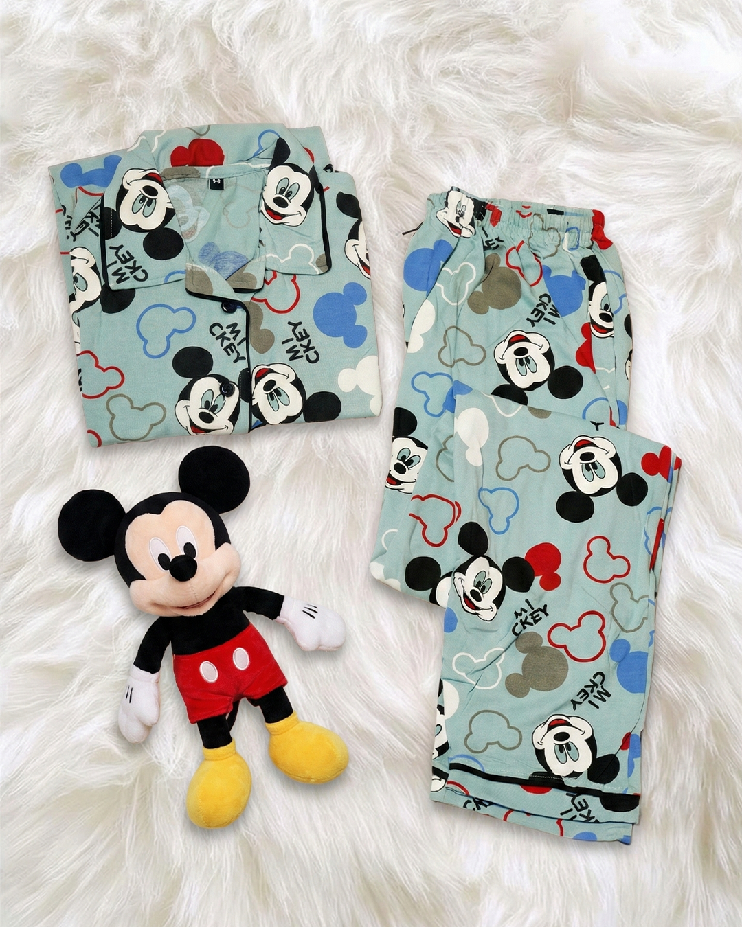 Blue Micky Mouse Printed Women Sleep Lounge Night Sets Co ords